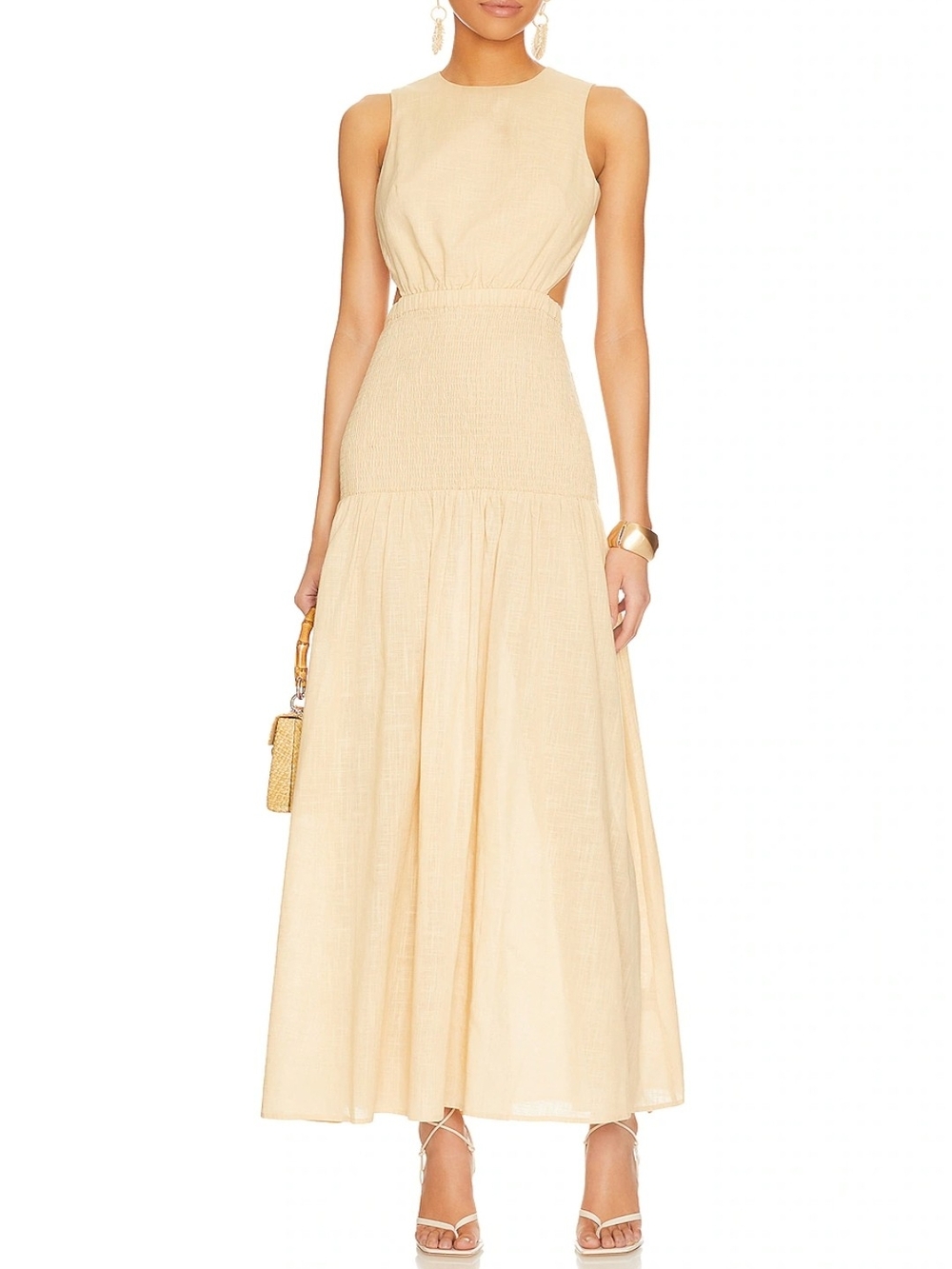 Sleeveless Cream Maxi Dress with Smocked Waist and Cutout Sides